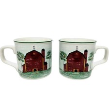 Tienshan Stoneware Coffee Mugs 2 Farm House Prairie Red Barn 14oz Tea Cups New picture