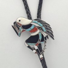 Vintage John Lucio 925 Sterling Silver Zuni Pueblo Eagle Dancer Inlay Bolo Tie picture