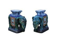 Pair Ceramic Handmade Chinese Green Blue Oriental Elephant Figures cs3622 picture