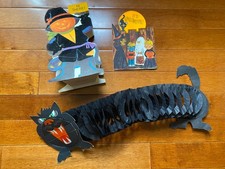 3 Vintage Halloween Greeting Cards Flocked Standee Mechanical Black Cat 50s 60s picture