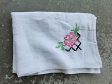 Vtg Rect Tablecloth Hand Embroidered Cross Stitch Rose Floral Linen 50x36