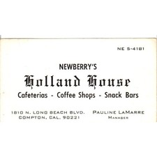 Newberry's Holland House Pauline LaMarre Compton CA Vintage Business Card SD8-B8 picture