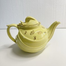 Vintage HALL 1950s Parade Canary Yellow 6 Cup Teapot With Hook Lid Gold Filigree picture