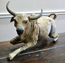 Antique Handmade Leather Wrapped Brahma Bull Cow Animal Furless Figurine 12