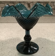 Vintage 60’s Teal Diamond Point Glass Pedestal Dish With Ruffled Rim picture