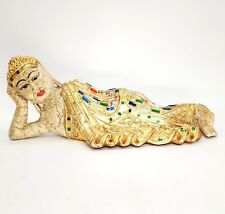 Vintage Reclining Buddha Handpainted, Glass Gems, Wood-Like Resin Composite VG+ picture