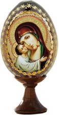 Sweet Kissing Wooden Greek Icon Egg With Simple Stand for Home Decor 4.25 In picture