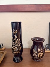 Vintage Hand Carved Wood Vase Set Pair 12