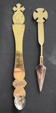 VINTAGE BRASS CROSS ORTHODOX STYLE COMMUNION SPOON & LITURGICAL SPEAR SET picture