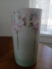 Antique Limoges Tall Victorian Vase, Pink & White Roses, Signed By Artist, 10