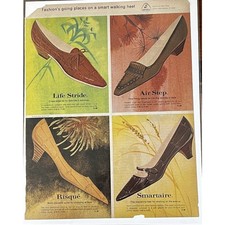 Vtg 1960s Fashion Womens Shoes Print Ad Heels Kitten Pumps Gold Brown Red picture