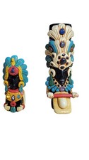 Pair of Solid Obsidian Aztec Warrior Statues 6in and 3in picture