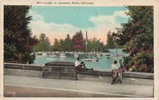 1924 ILLINOIS POSTCARD: PEOPLE BY LAKE IN JACKSON PARK, CHICAGO, IL picture