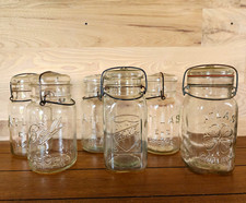 6 Vintage Glass Lid Wire Jars Incl Atlas Good Luck, ACME, Atlas, Ball  picture
