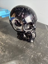 HALLOWEEN DECORATION ART GLASS SKULL CLEAR WITH BLACK SPLATTER GLASS EERIE GIFT picture