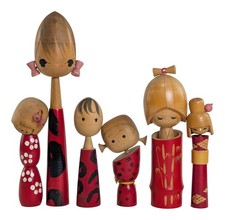 Variety Set of Creative Kokeshi Doll Girls w Red Kimono Designs from Japan 5-10
