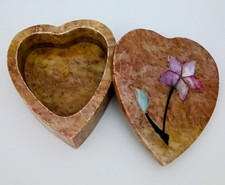 Vintage Handcrafted Stone Heart Trinket Box with Inlaid Mother of Pearl Flower picture