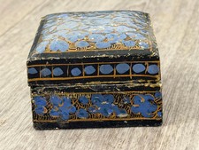 Vintage HandPainted Kashmir Floral Trinket Box Blue & Gold Folk Art Decor picture