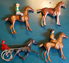 Set 4 Vtg 1940s ALL NU Cast Lead Horse Figurines LADY HUNTER/JOCKEY/SULKY RACER picture
