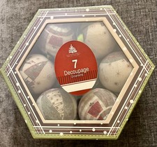 Vintage Set Of 7  Decoupage Unbreakable Christmas Ornaments In  Box picture