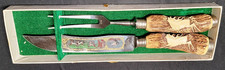 Vtg Baron Solingen German 2pc Carving Set Stag Antler Handle Etched Blade w/ Box picture