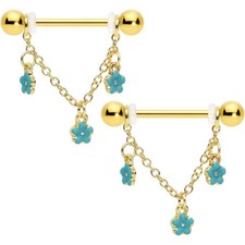 14 Gauge 18K Yellow Gold Over Blue Enamel Flowers Chain Dangle Nipple Ring Set picture