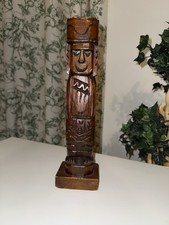 Vintage 1960’s Aztec/Mayan Warrior Deity Hand Carved Wooden Statuette 12 Inches picture