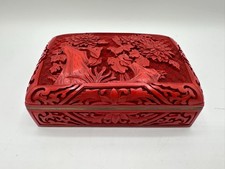 Vintage Chinese Carved Cinnabar Trinket Box - Chrysanthemum Brass & Blue Enamel picture