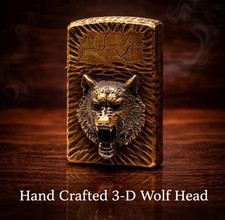Vintage Style Brass 3D Wolf Head Design Custom Handmade Lighter picture