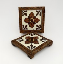 2 ct VTG DAL TILE Wood Frame Ceramic Tile Trivet Hot Plate Brown Floral Mexico picture
