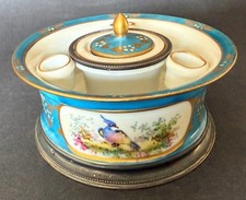 Antique 19C Serves (France) Porcelain and Sterling Silver Inkwell picture