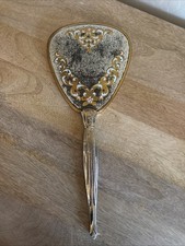 Vintage Ornate Gold-Brass Tone Vintage Handheld Vanity Mirror Floral Filigree picture