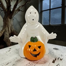 VTG Ceramic Spooky Halloween Ghost Candle Holder Jack-O-Lantern Pumpkin 10