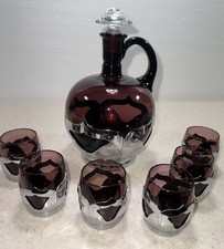 Vnt 1930’s FARBER BROS ART DECO AMETHYST DECANTER, 6 CORDIAL GLASSES W CHROME picture