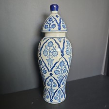 Vintage Blue White Ginger Jar Lidded Urn 10” Crackle Glaze Floral Chinoiserie picture