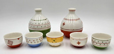 Japanese Mini Mino Ware Sake Set 7 Pc 2 Tokkuri & 5 Ochoko Cups w Original Box picture