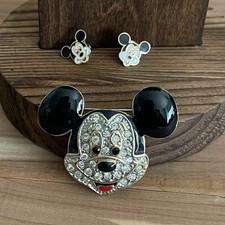 Vintage Crystal Enamel Mickey Head Brooch Signed Disney W/Mini Earring Set picture