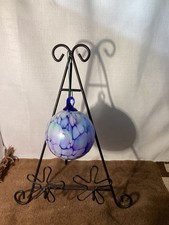 Hand Blown  Iridescent Art Glass Ball Ornament Orb Purple White Blue picture