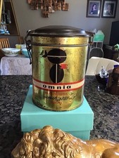 VINTAGE OMNIA Cylinder Coffee Can Metal One Pound Hungarian Coffee Bean Bail Lid picture
