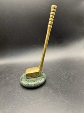 Vintage Solid Brass Golf Club Paperweight Green Marble Base Desk Display Gifter picture