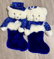 (2) Vintage Dan Dee Christmas Stocking Plush 3D Polar Bears Blue Top Hat 20” picture