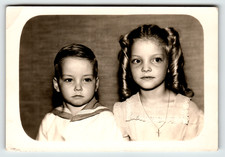 Photo Young Boy in Sailor Collar and Girl with Ringlet Curls Vintage 1950s picture
