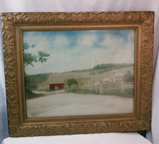Vtg Photograph LG farm house barn Red Painted over picture 1930-40's frame Art picture