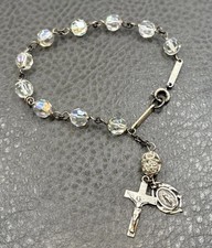 VTG Sterling Silver Pocket Rosary Bracelet AB Crystal Beads Crucifix Miraculous picture