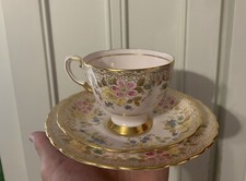 Vintage Tuscan Fine English Bone China Teacup Saucer Plate 3 Pc Set Flowers Gold picture