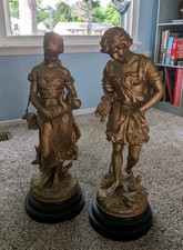 Large Cast Metal Victorian Boy Girl Statues Pair Bronze Finish Local Pickup Only picture