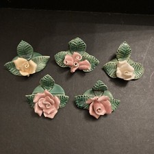 5 Pink Yellow Floral Roses Ceramic Table Place Card Holders Handmade Signed picture