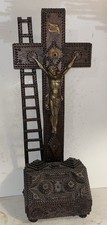 Antique Tramp Art Carved Wood Crucifix Folk Art Cross 20” Beautiful Work of ART picture