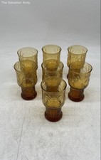 Vintage Libbey 1970's Amber Daisy Pedestal Drinking Tumbler Glasses Lot Of 7 picture