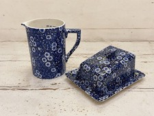 VTG Crownford Blue Calico Staffordshire Butter Dish & Measuring Pitcher Set picture